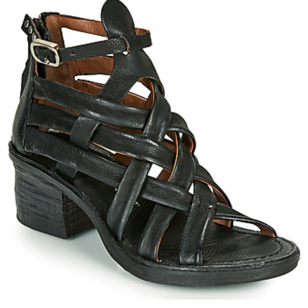 A.S. 98 BLACK LEATHER STRAPY HEELED SANDAL